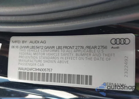 2017 Audi A6 3.0T Premium Plus из США, поврежденный, VIN WAUH2AFC3HN005757